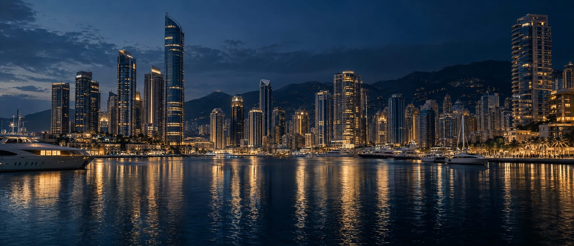 A luxury harbor skyline at blue hour
