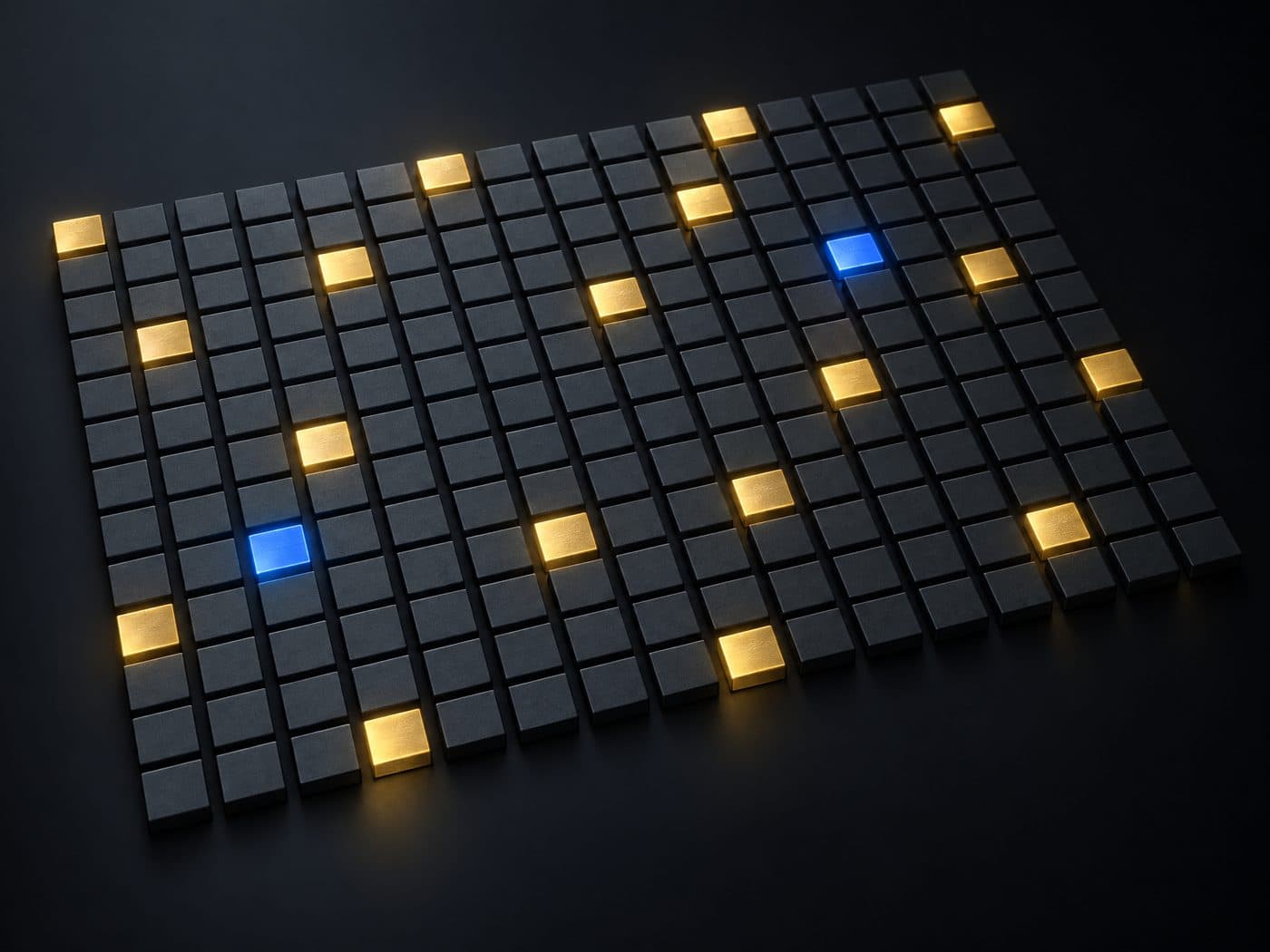 An abstract grid of dark tiles with a few glowing gold and blue